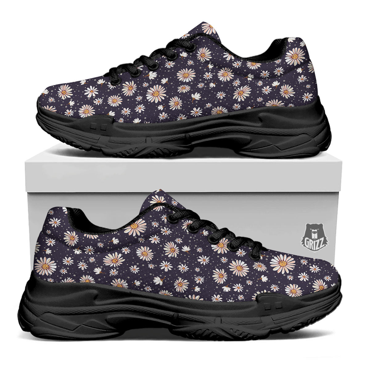 Daisy Flower Polka Dot Print Pattern Black Chunky Shoes-grizzshop
