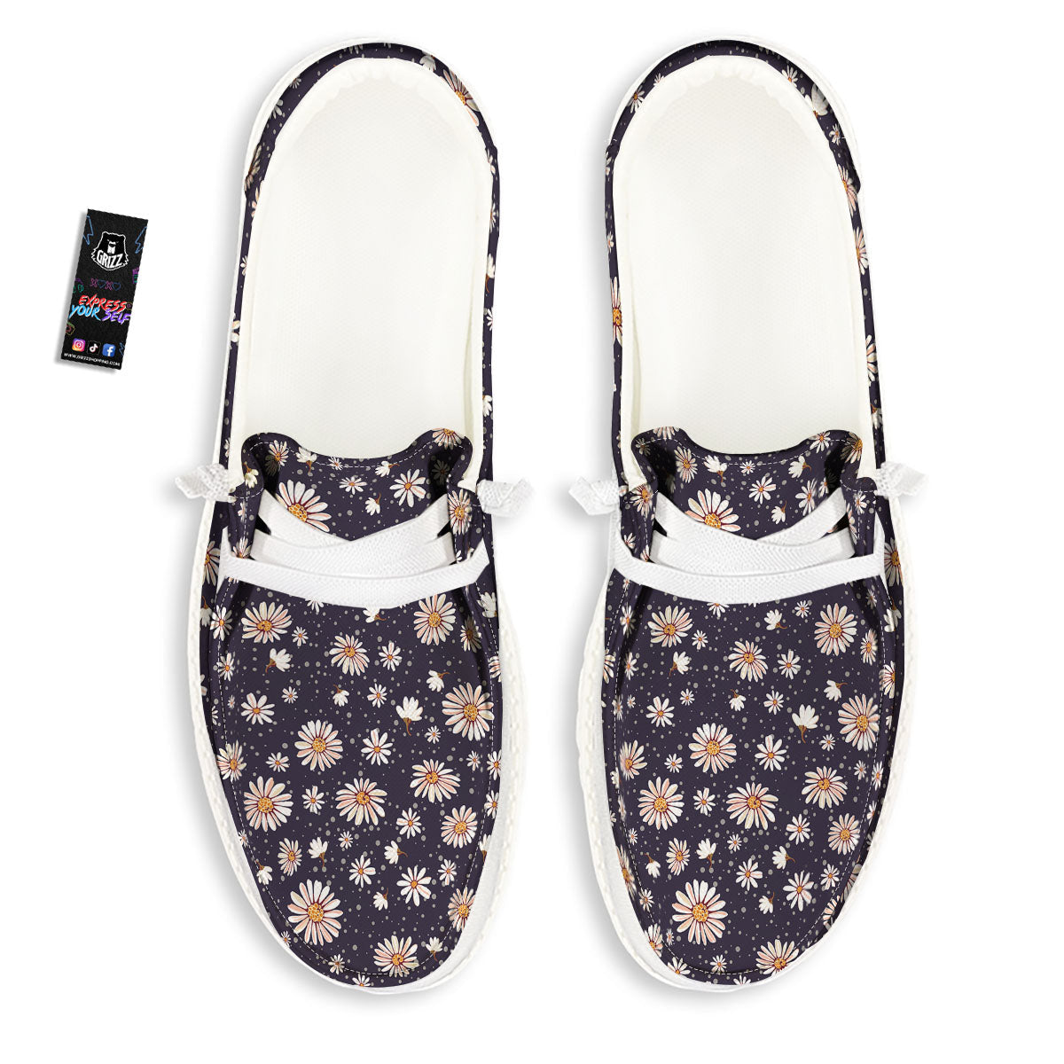Daisy Flower Polka Dot Print Pattern Black Loafers-grizzshop