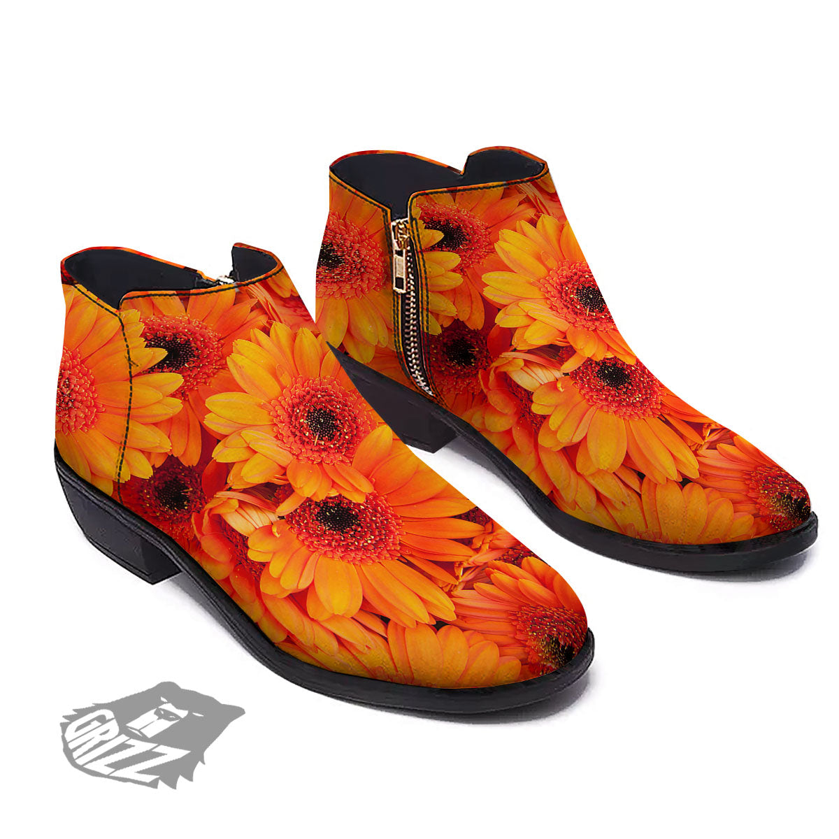 Daisy Orange Flower Print Ankle Boots-grizzshop