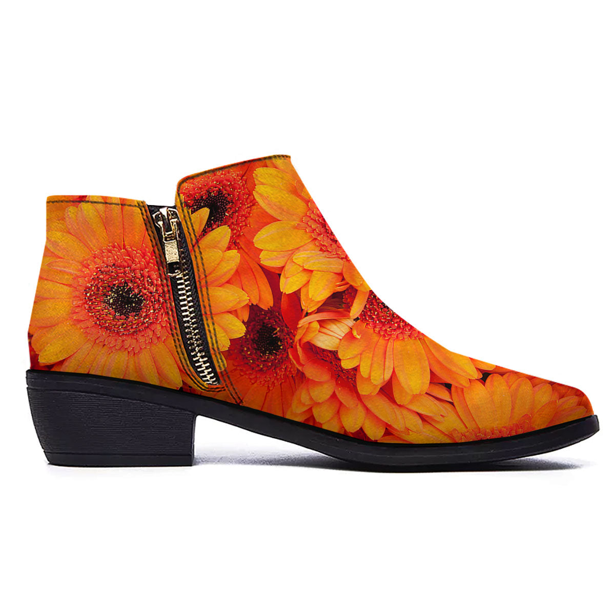 Daisy Orange Flower Print Ankle Boots-grizzshop