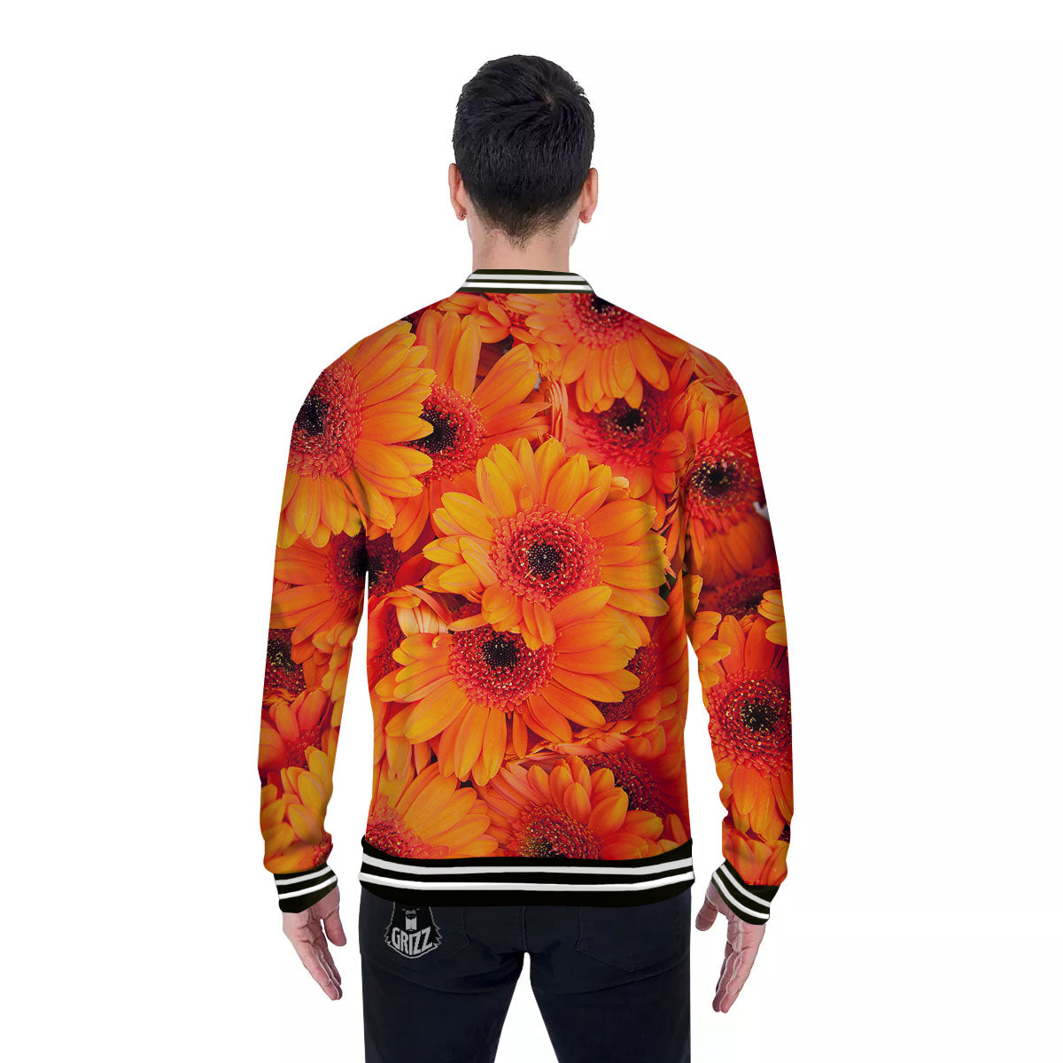 Daisy Orange Flower Print Baseball Jacket-grizzshop