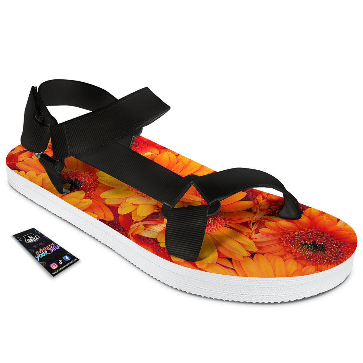 Daisy Orange Flower Print Black Open Toe Sandals-grizzshop