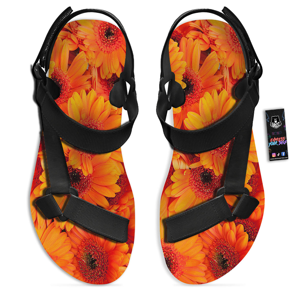 Daisy Orange Flower Print Black Open Toe Sandals-grizzshop
