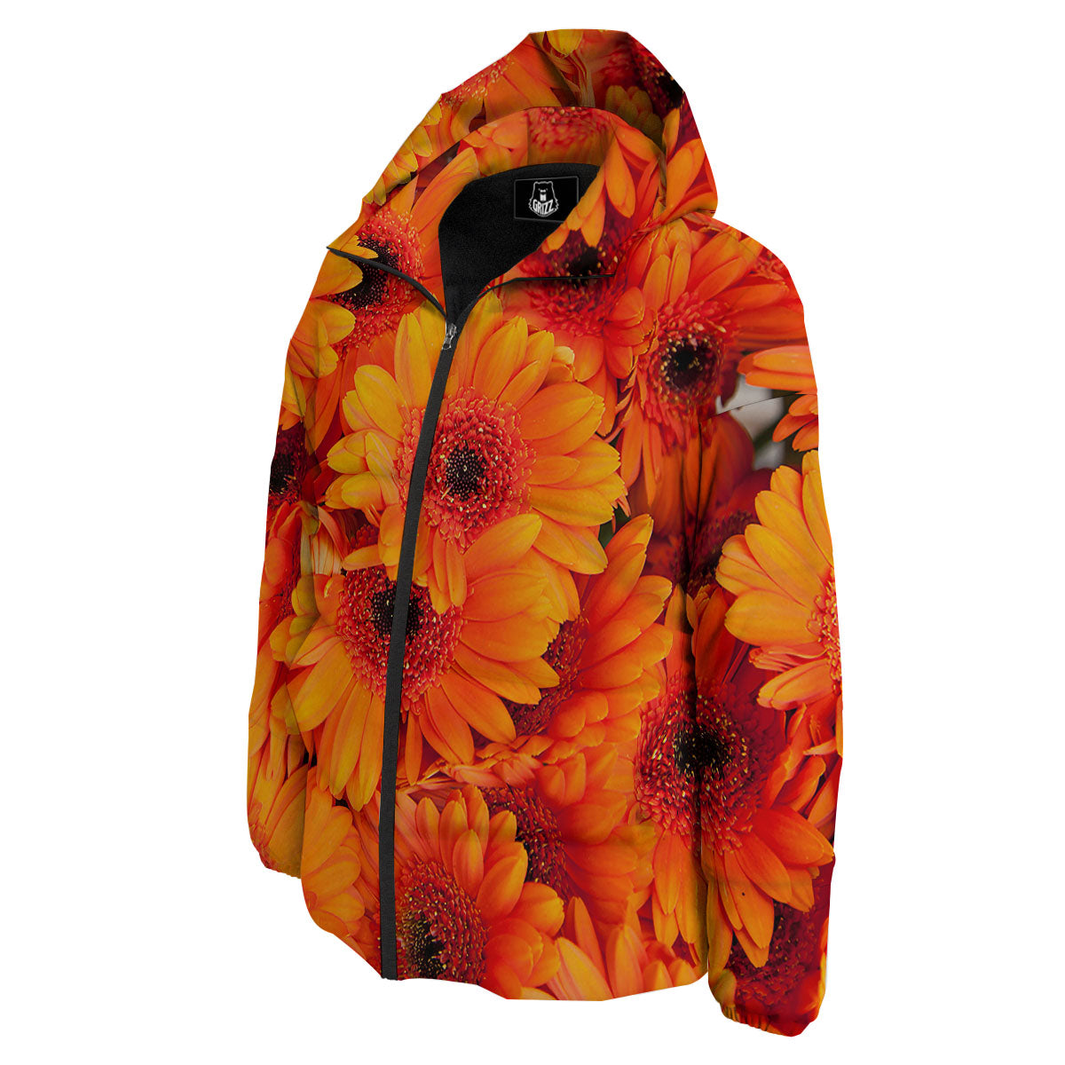 Daisy Orange Flower Print Down Jacket-grizzshop