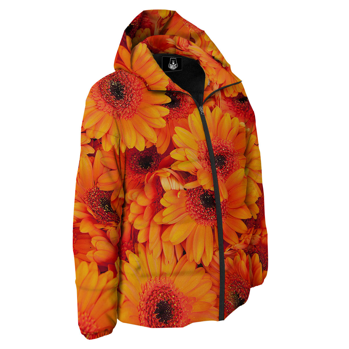 Daisy Orange Flower Print Down Jacket-grizzshop