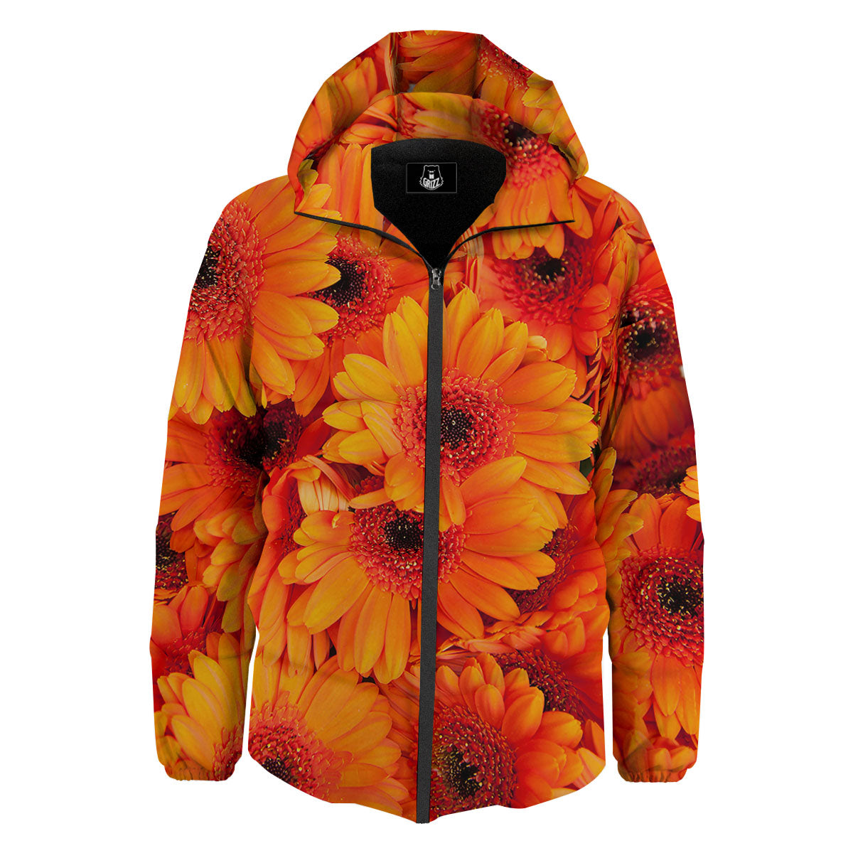 Daisy Orange Flower Print Down Jacket-grizzshop