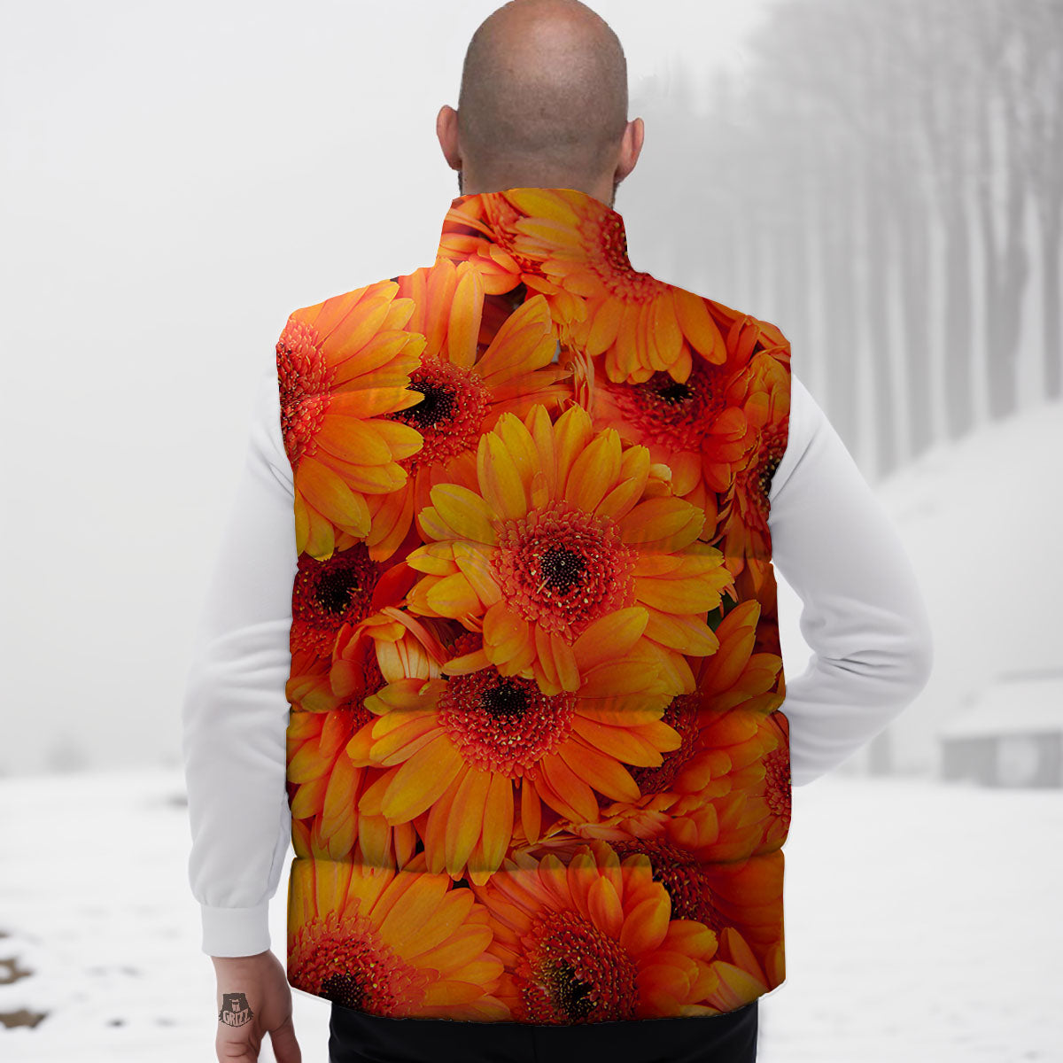Daisy Orange Flower Print Down Vest-grizzshop