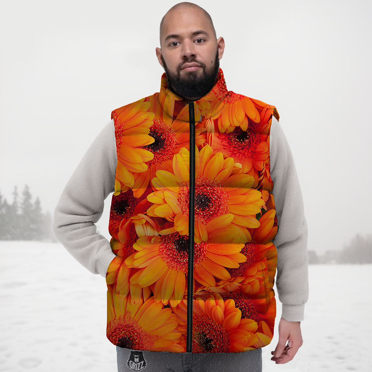 Daisy Orange Flower Print Down Vest-grizzshop