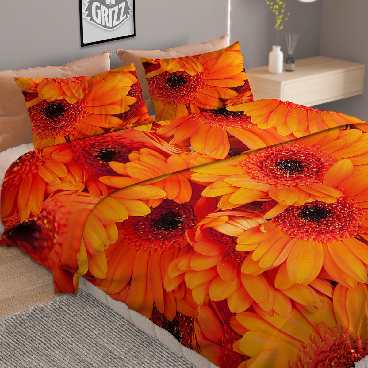 Daisy Orange Flower Print Duvet Cover Bedding Set-grizzshop