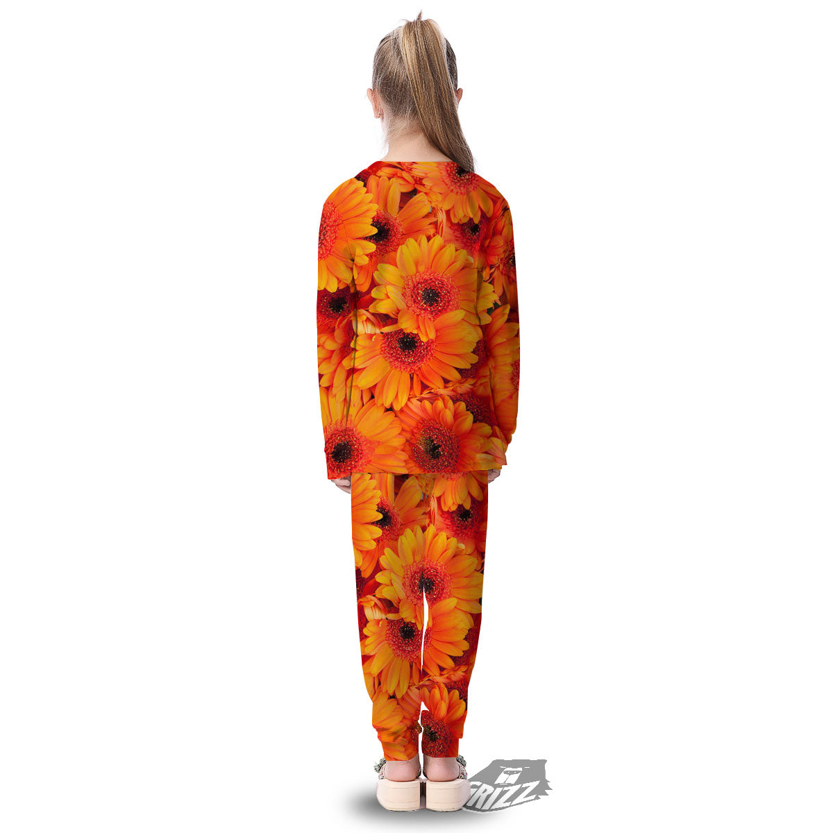 Daisy Orange Flower Print Kid's Pajamas-grizzshop