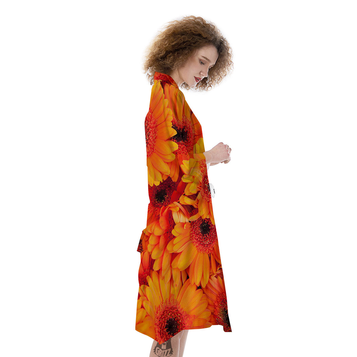Daisy Orange Flower Print Kimono-grizzshop