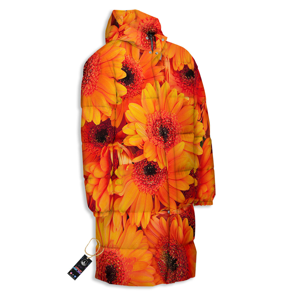 Daisy Orange Flower Print Long Down Jacket-grizzshop