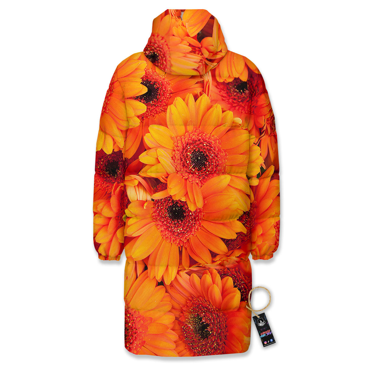 Daisy Orange Flower Print Long Down Jacket-grizzshop