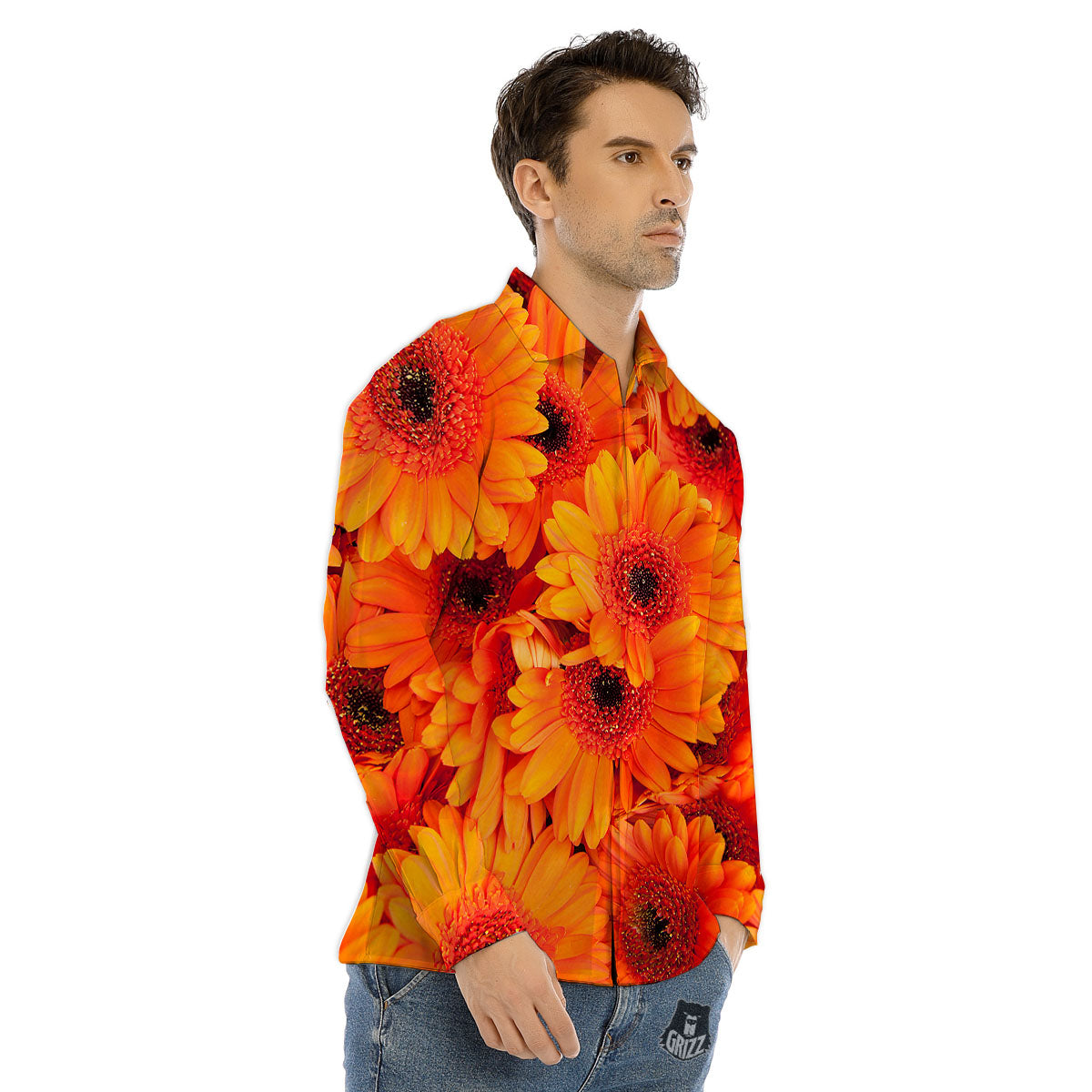 Daisy Orange Flower Print Men's Dress Shirts-grizzshop
