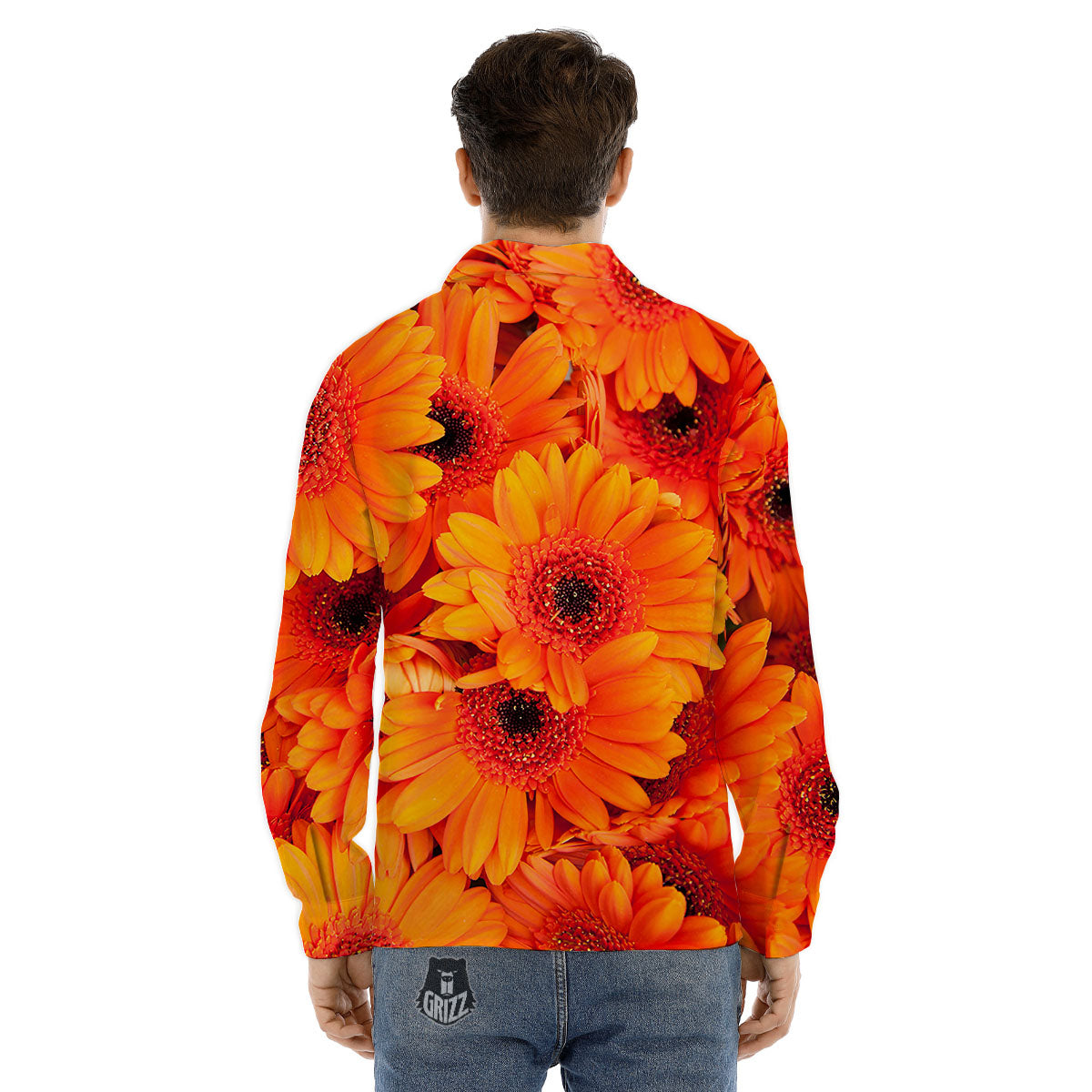 Daisy Orange Flower Print Men's Dress Shirts-grizzshop