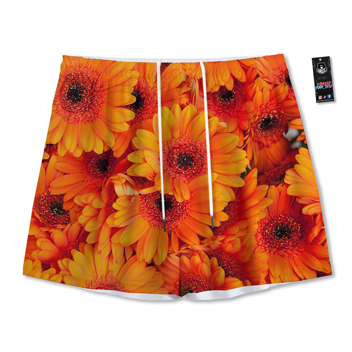 Daisy Orange Flower Print Mesh Shorts