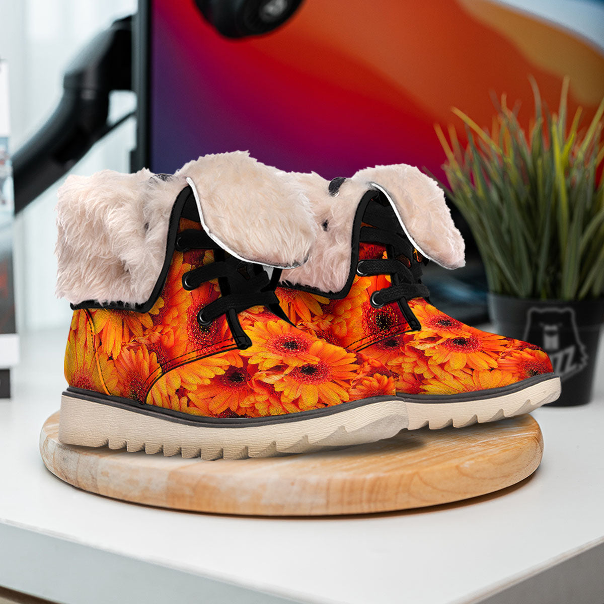 Daisy Orange Flower Print Snow Boots-grizzshop