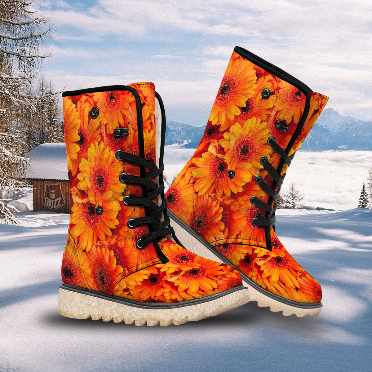 Daisy Orange Flower Print Snow Boots-grizzshop
