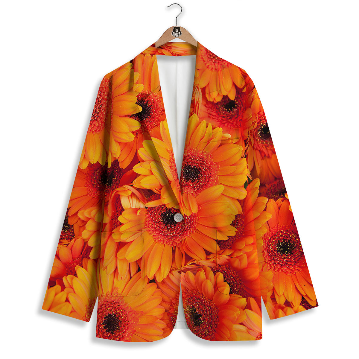 Daisy Orange Flower Print Women's Blazer-grizzshop