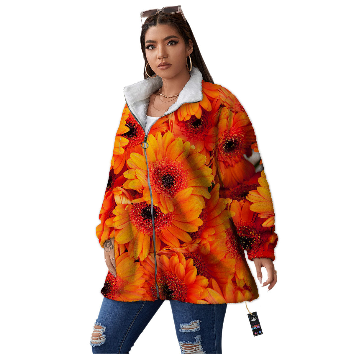 Daisy Orange Flower Print Women's Sherpa Jacket-grizzshop