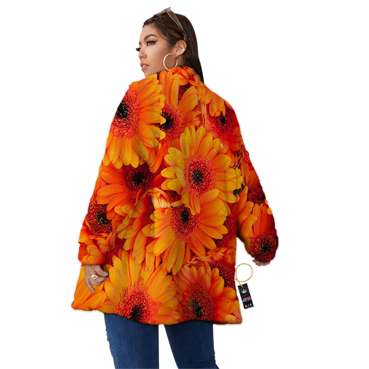 Daisy Orange Flower Print Women's Sherpa Jacket-grizzshop