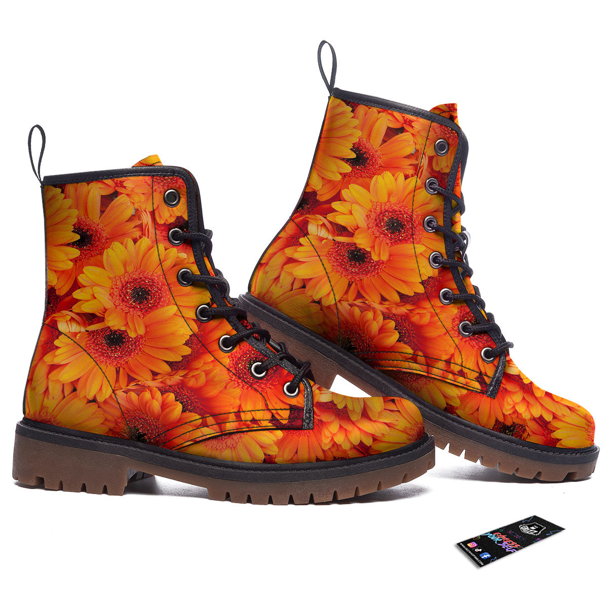 Daisy Orange Flower Print Work Boots-grizzshop