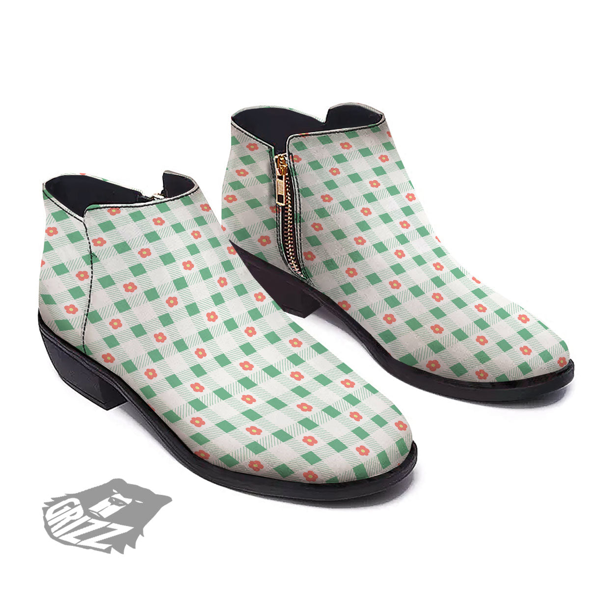 Daisy Tartan Green Print Pattern Ankle Boots-grizzshop