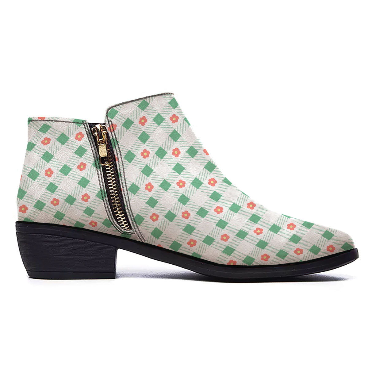 Daisy Tartan Green Print Pattern Ankle Boots-grizzshop
