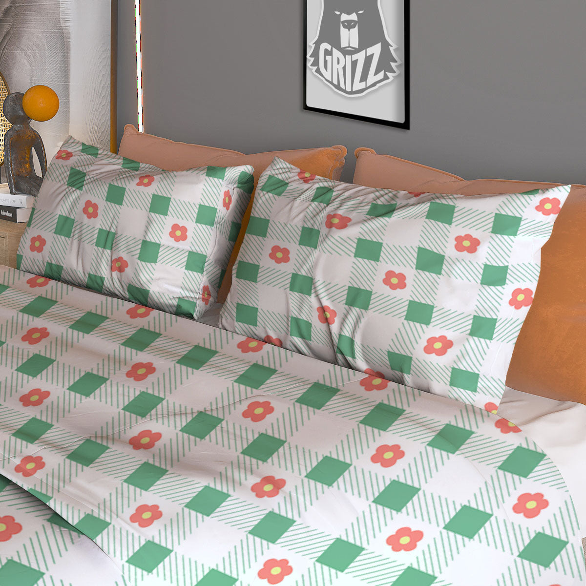 Daisy Tartan Green Print Pattern Duvet Cover Bedding Set