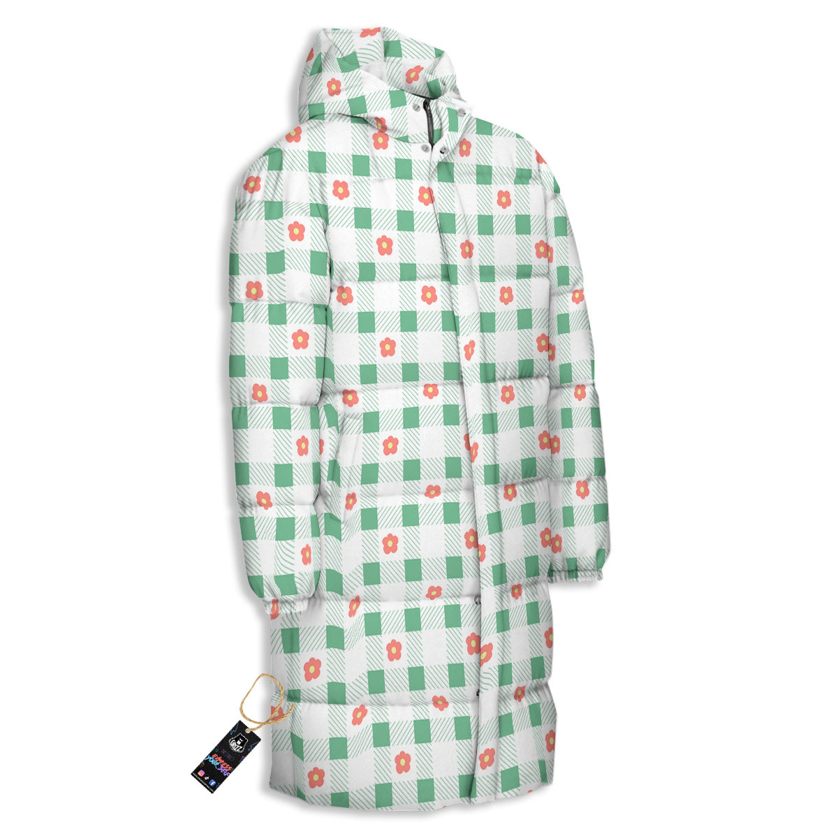 Daisy Tartan Green Print Pattern Long Down Jacket-grizzshop