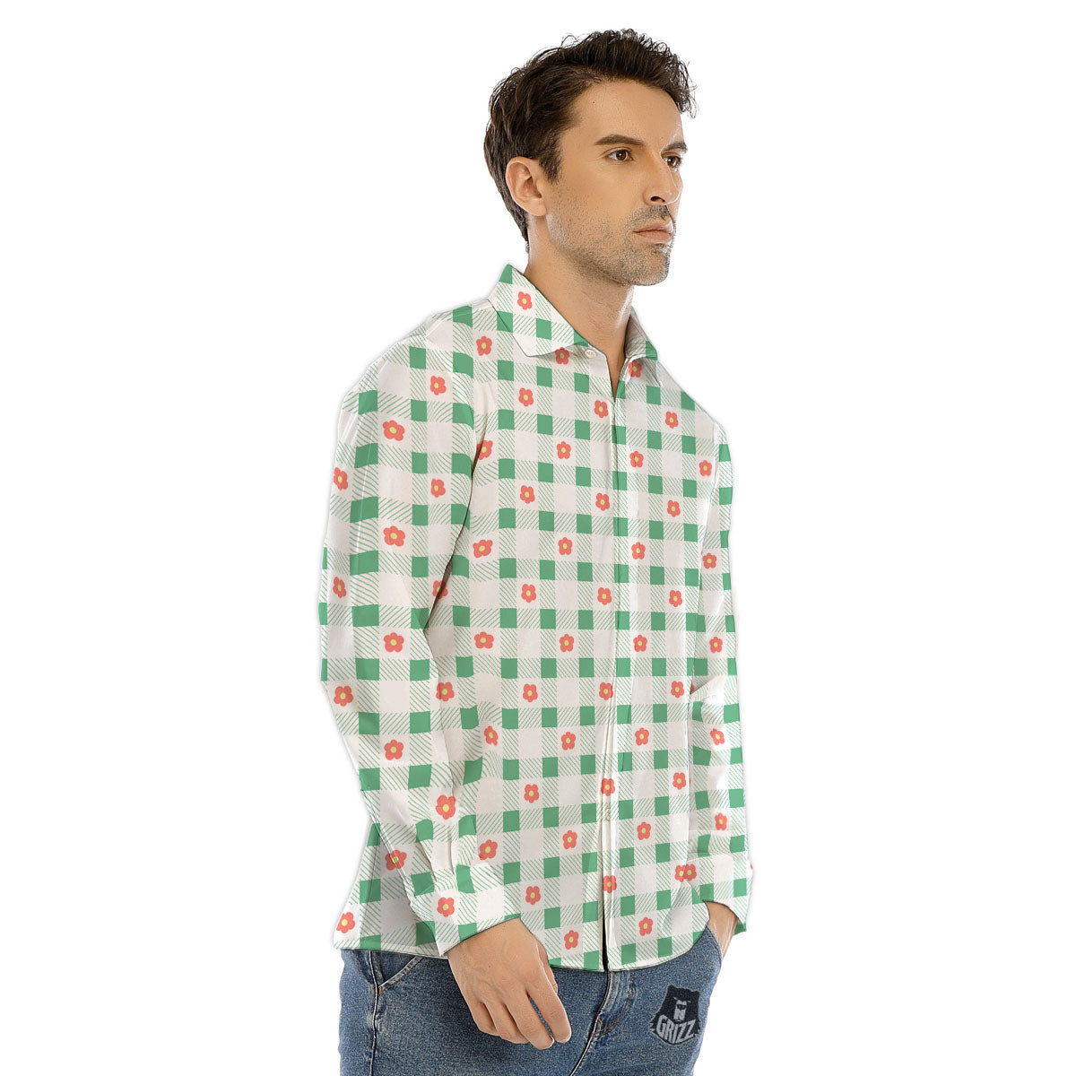 Daisy Tartan Green Print Pattern Men's Dress Shirts-grizzshop