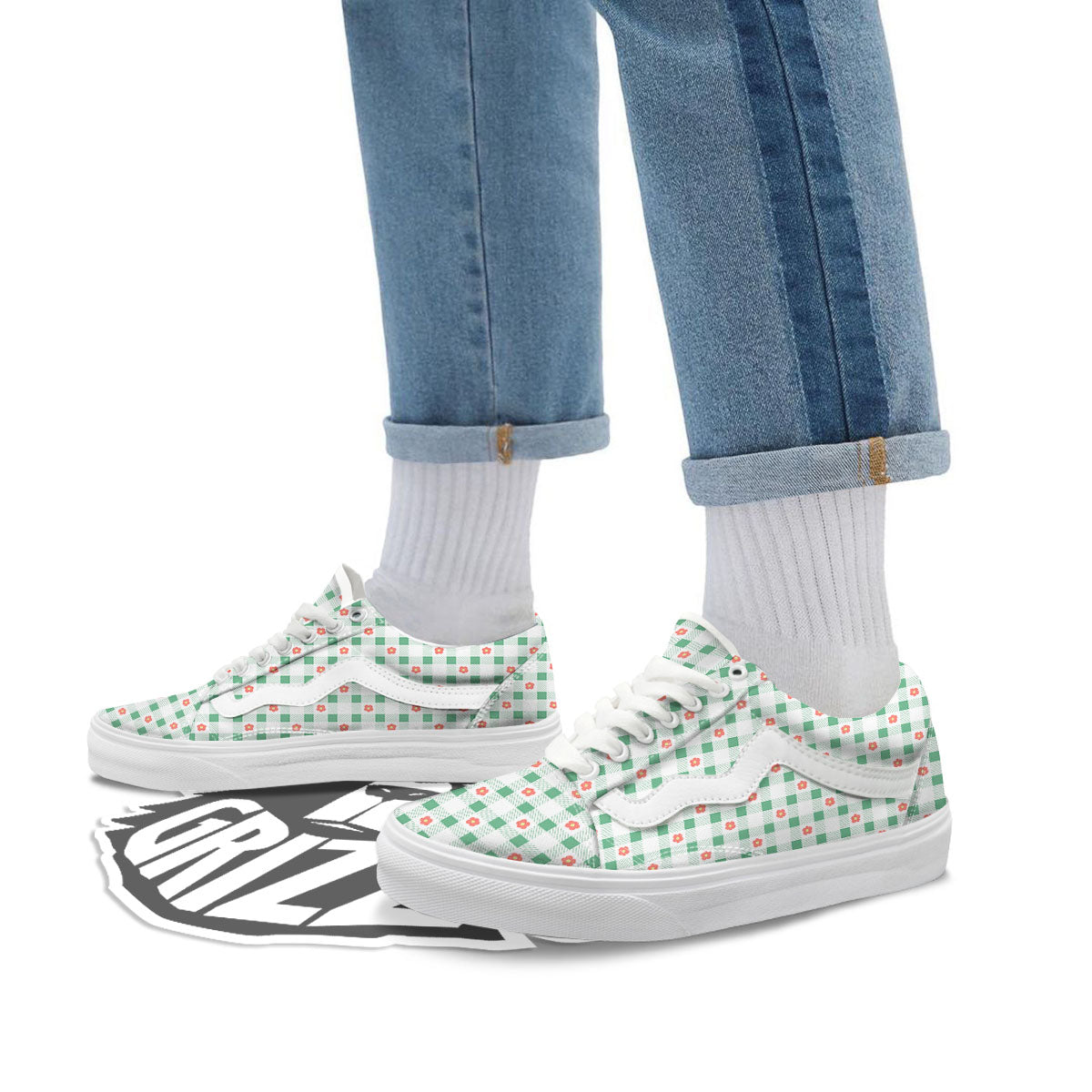 Daisy Tartan Green Print Pattern Skate Shoes-grizzshop