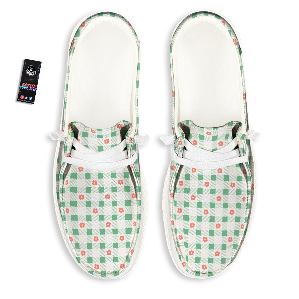 Daisy Tartan Green Print Pattern White Loafers-grizzshop