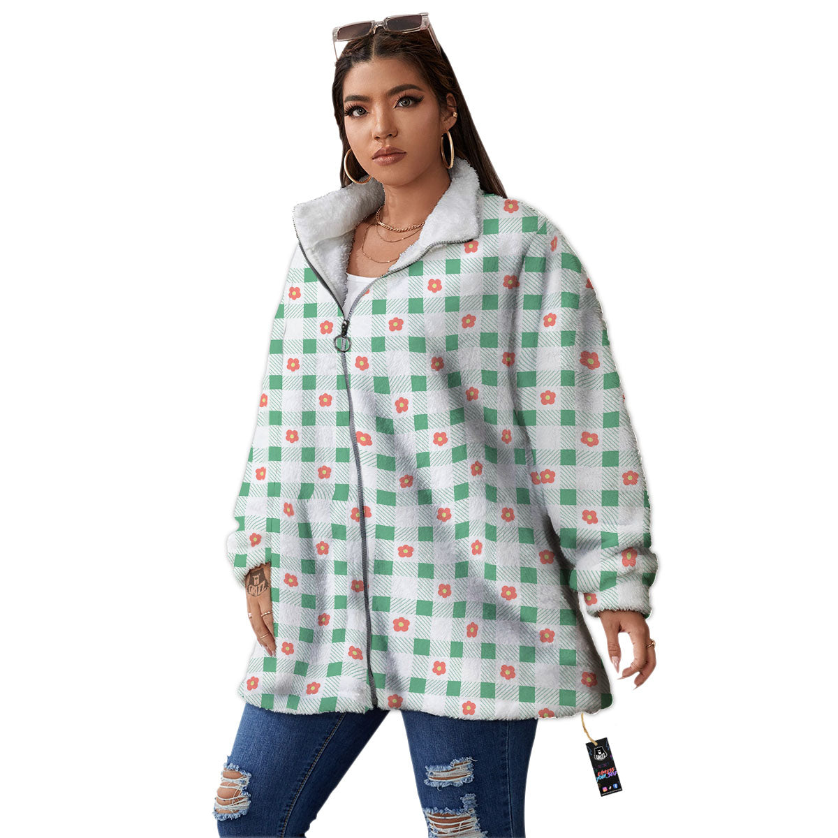 Daisy Tartan Green Print Pattern Women's Sherpa Jacket-grizzshop