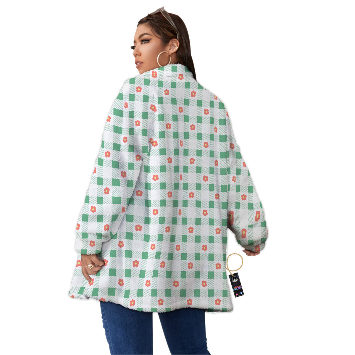 Daisy Tartan Green Print Pattern Women's Sherpa Jacket-grizzshop