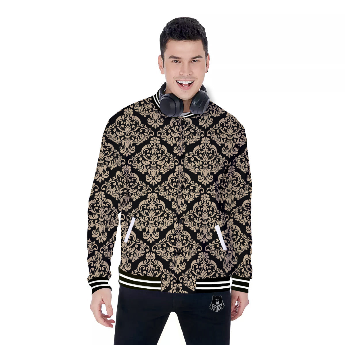 Damask Beige And Black Print Pattern Baseball Jacket-grizzshop