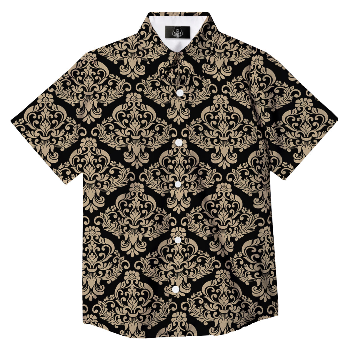 Damask Beige And Black Print Pattern Button Up Shirt-grizzshop