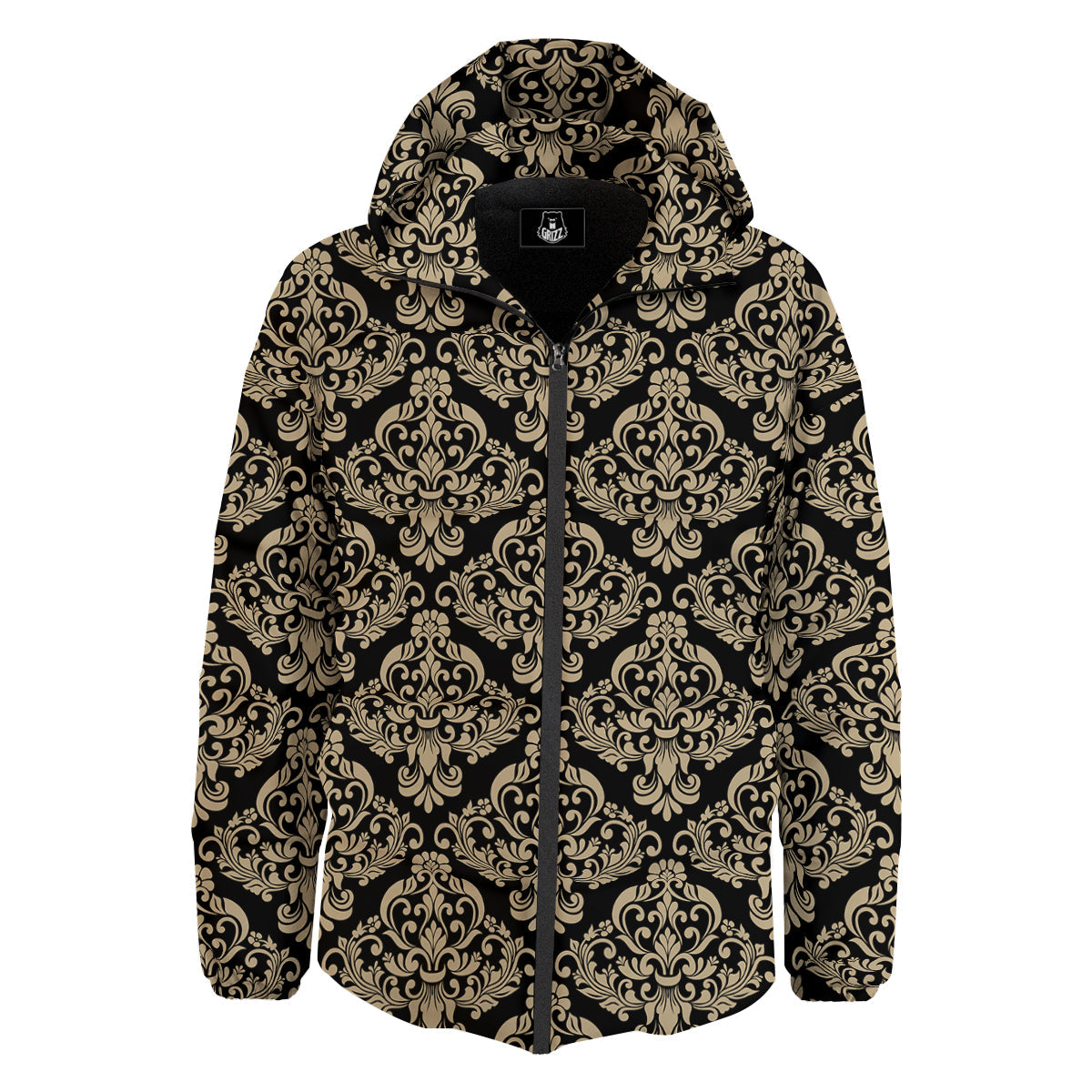 Damask Beige And Black Print Pattern Down Jacket-grizzshop