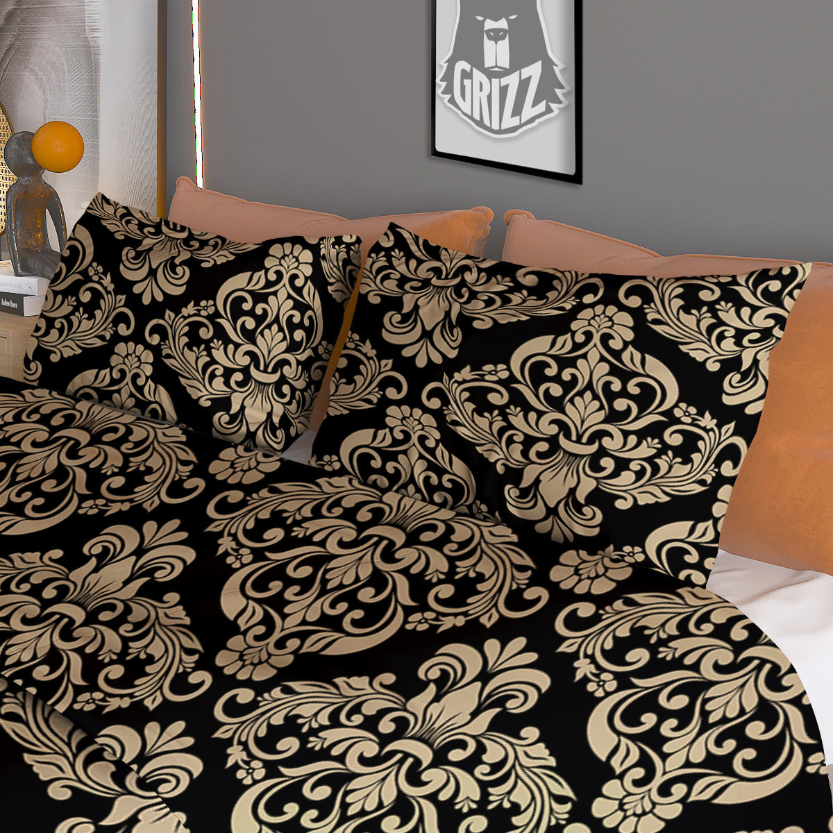 Damask Beige And Black Print Pattern Duvet Cover Bedding Set