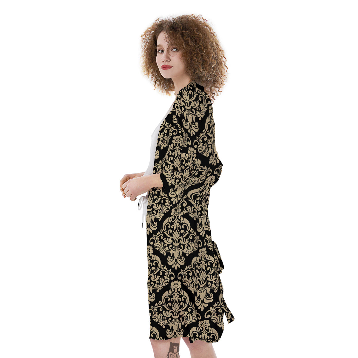 Damask Beige And Black Print Pattern Kimono-grizzshop
