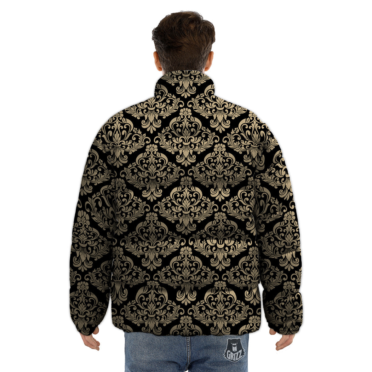 Damask Beige And Black Print Pattern Puffer Jacket-grizzshop