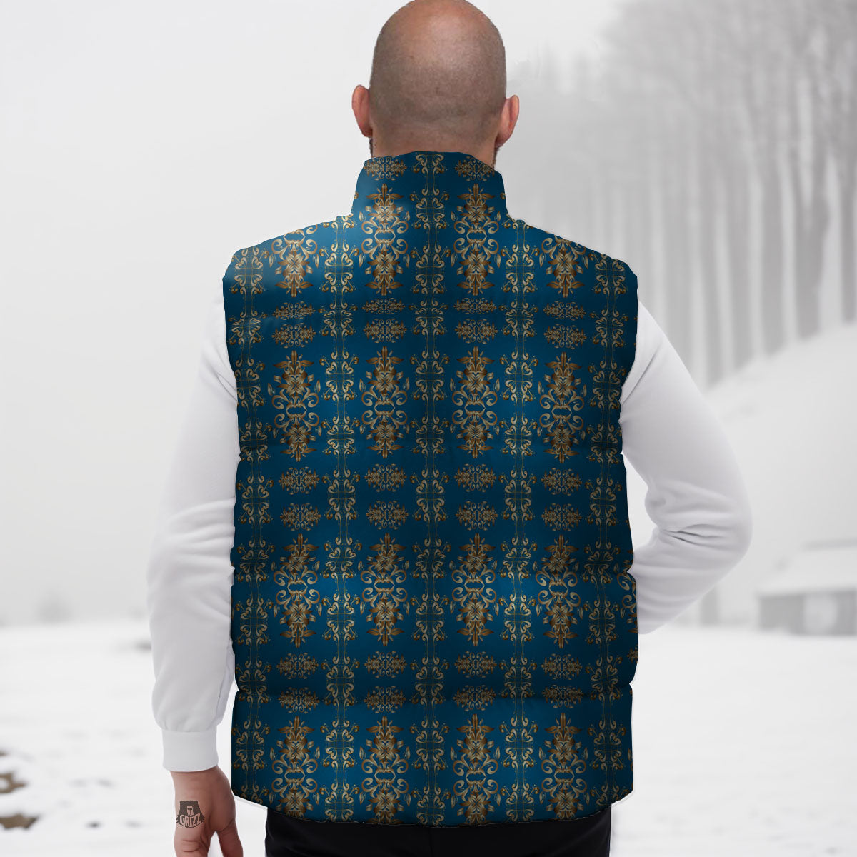 Damask Brown And Blue Print Pattern Down Vest-grizzshop