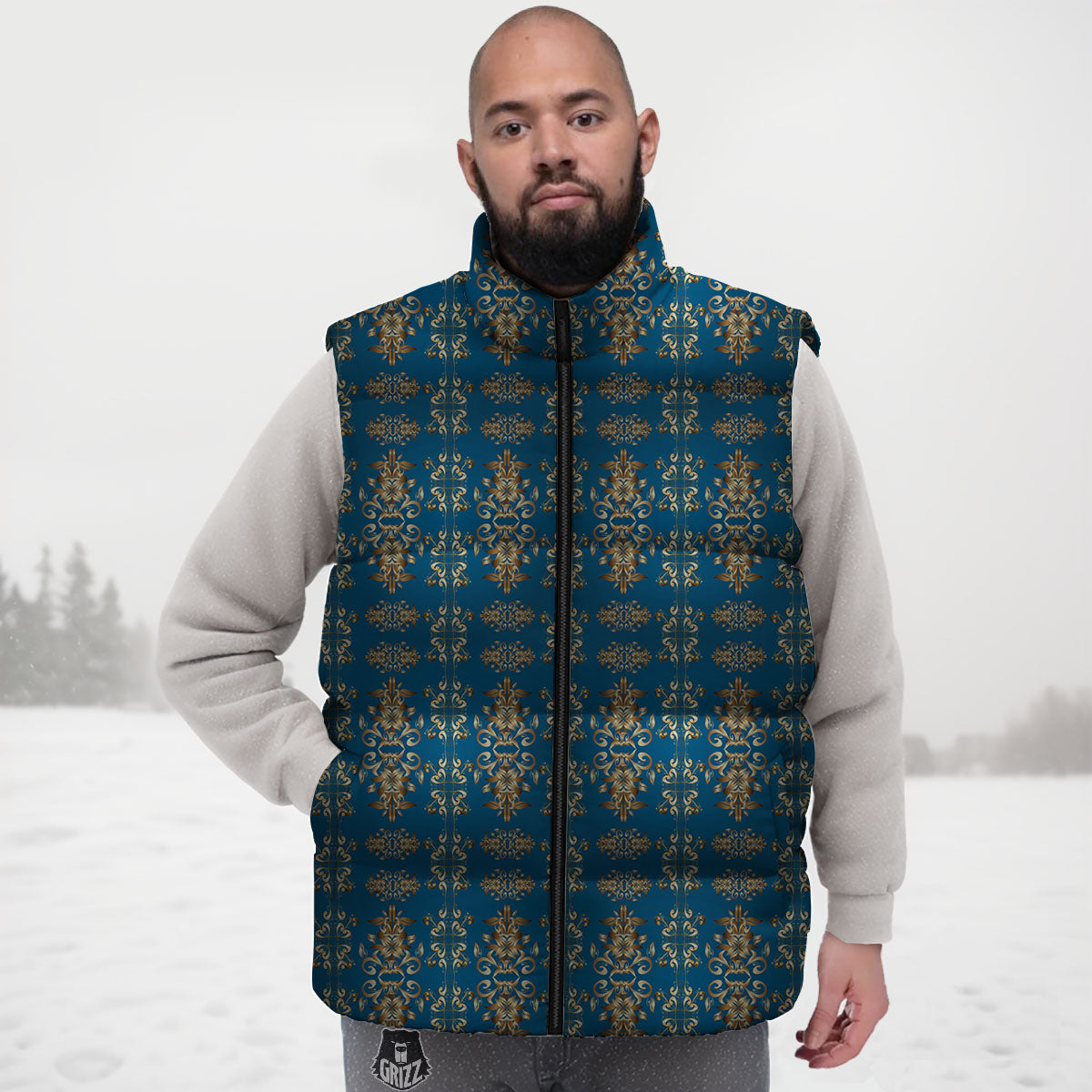 Damask Brown And Blue Print Pattern Down Vest