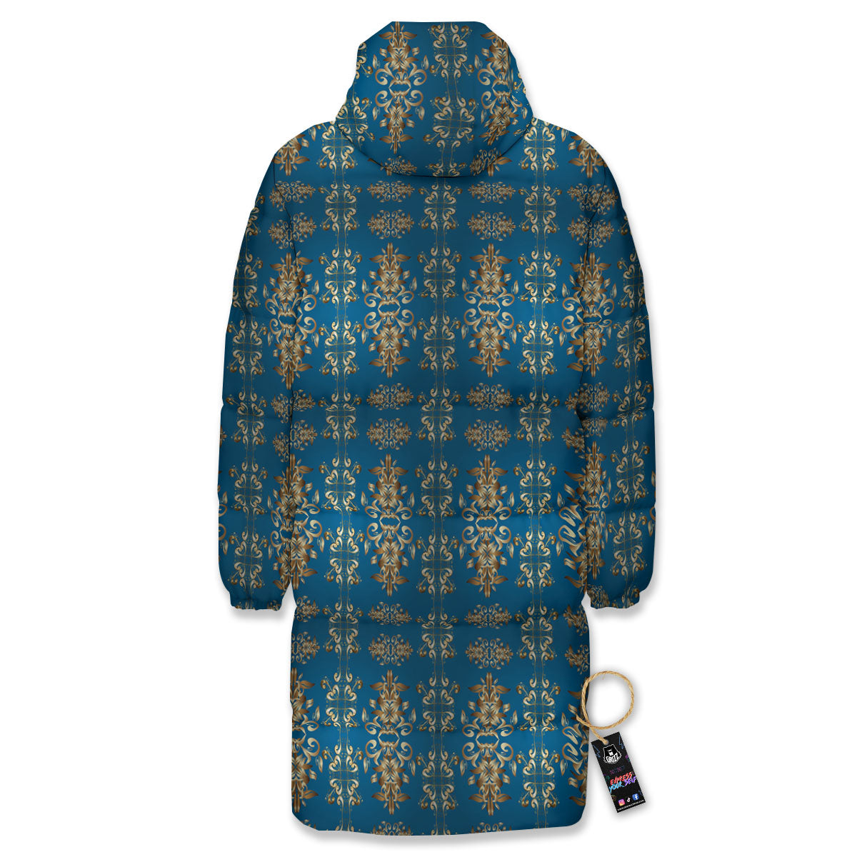 Damask Brown And Blue Print Pattern Long Down Jacket-grizzshop