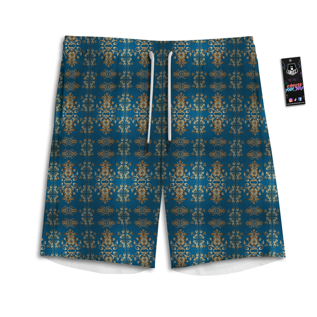 Damask Brown And Blue Print Pattern Men's Athletic Shorts