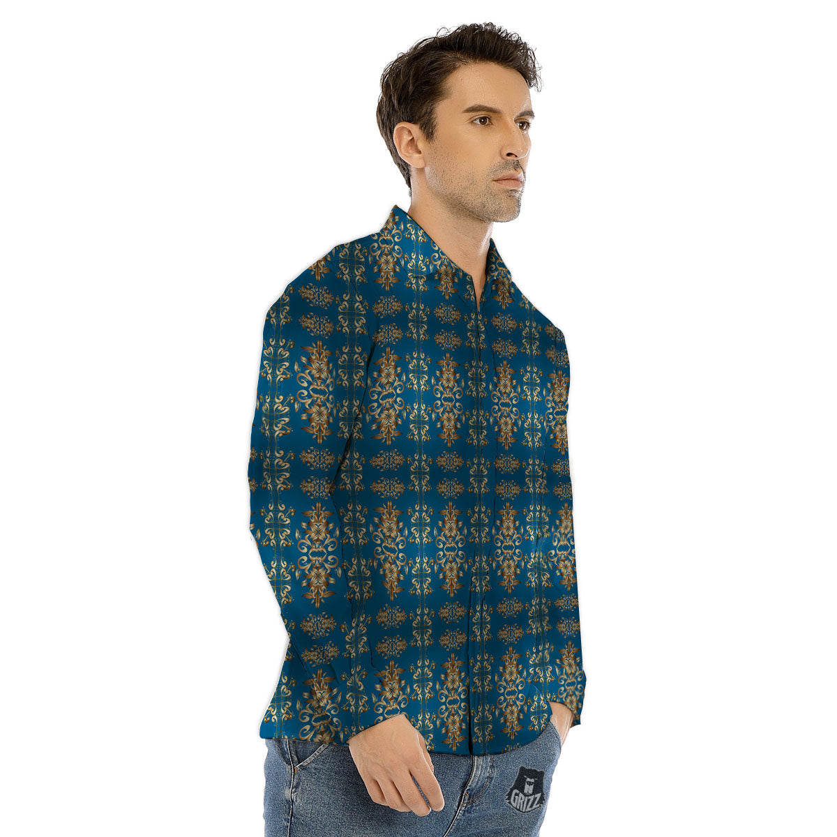 Damask Brown And Blue Print Pattern Men's Dress Shirts-grizzshop