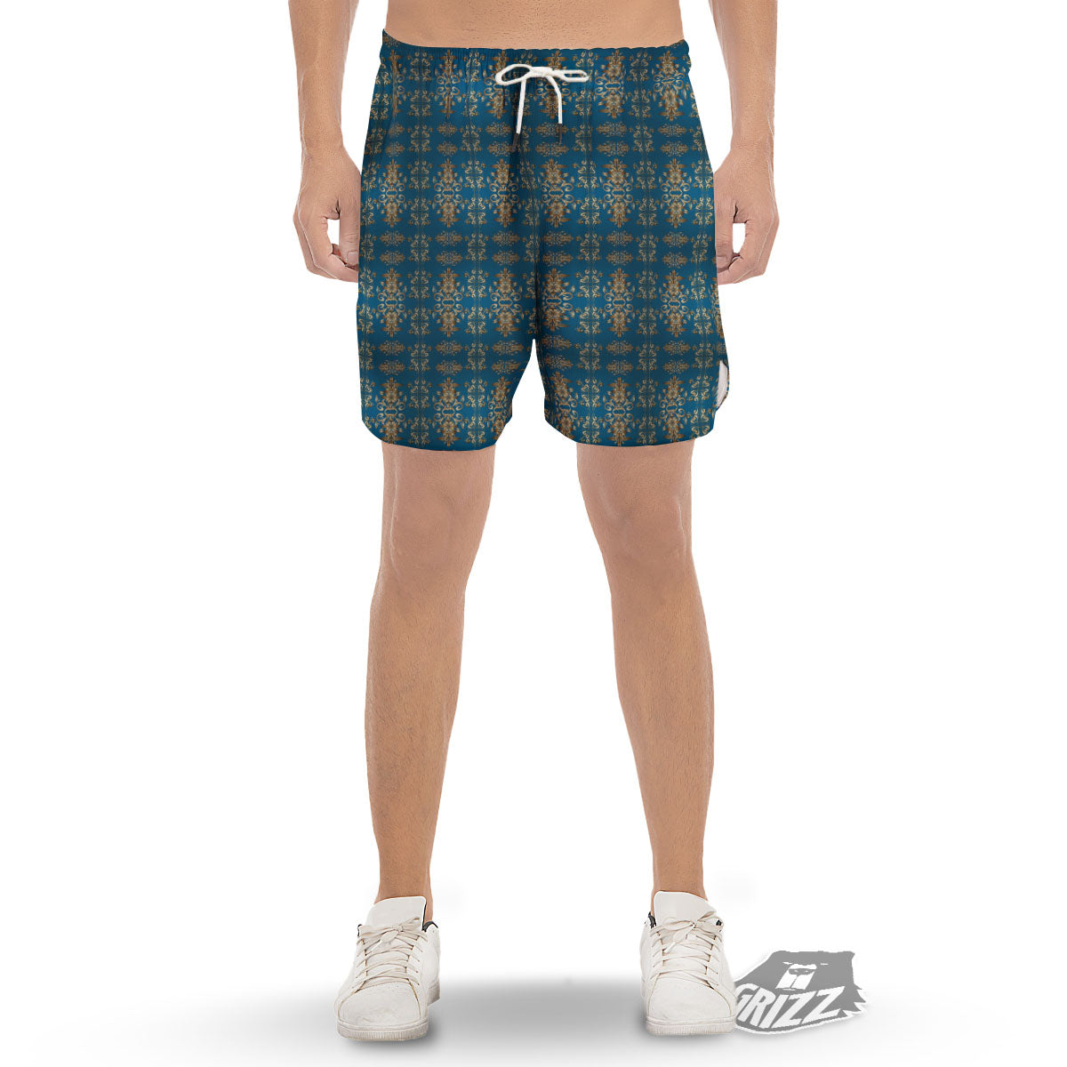 Damask Brown And Blue Print Pattern Men's Gym Shorts-grizzshop