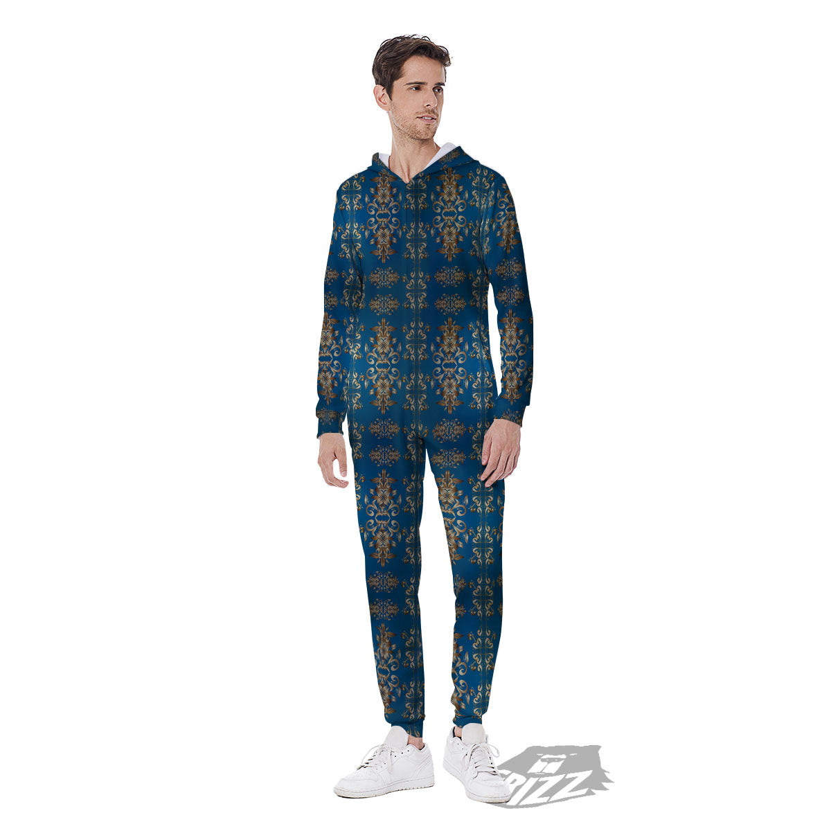 Damask Brown And Blue Print Pattern Men's Jumpsuit-grizzshop