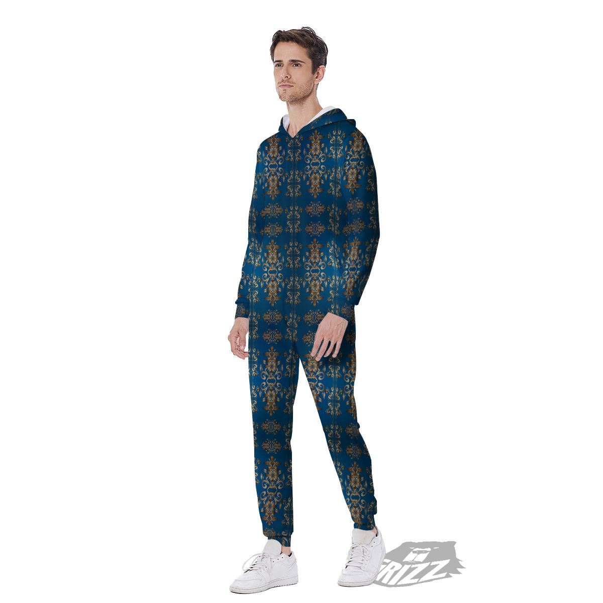 Damask Brown And Blue Print Pattern Men's Jumpsuit-grizzshop