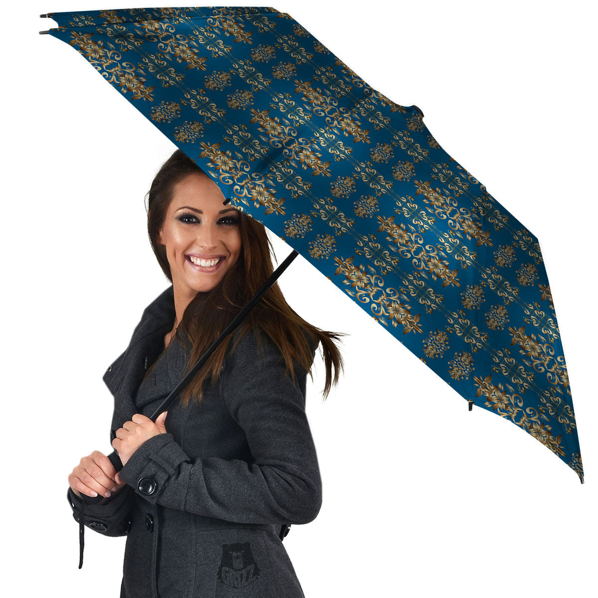 Damask Brown And Blue Print Pattern Umbrella-grizzshop